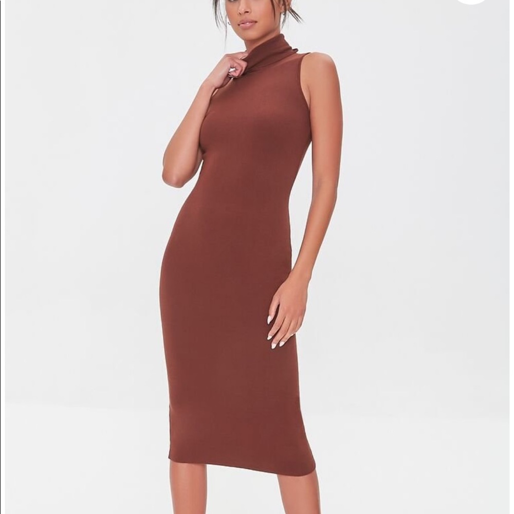 Ribbed Knit Turtleneck Dress L (brown)